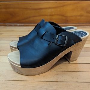 No. 6 Riley Open Toe Clog Mid Heel Black Leather | Size 39 EU (US 8.5)